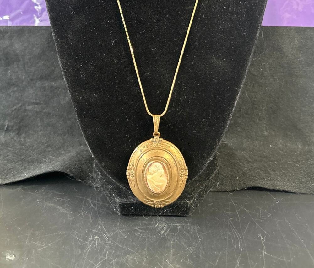 Cameo Locket Necklace Antique Gold-tone Intricately Engraved